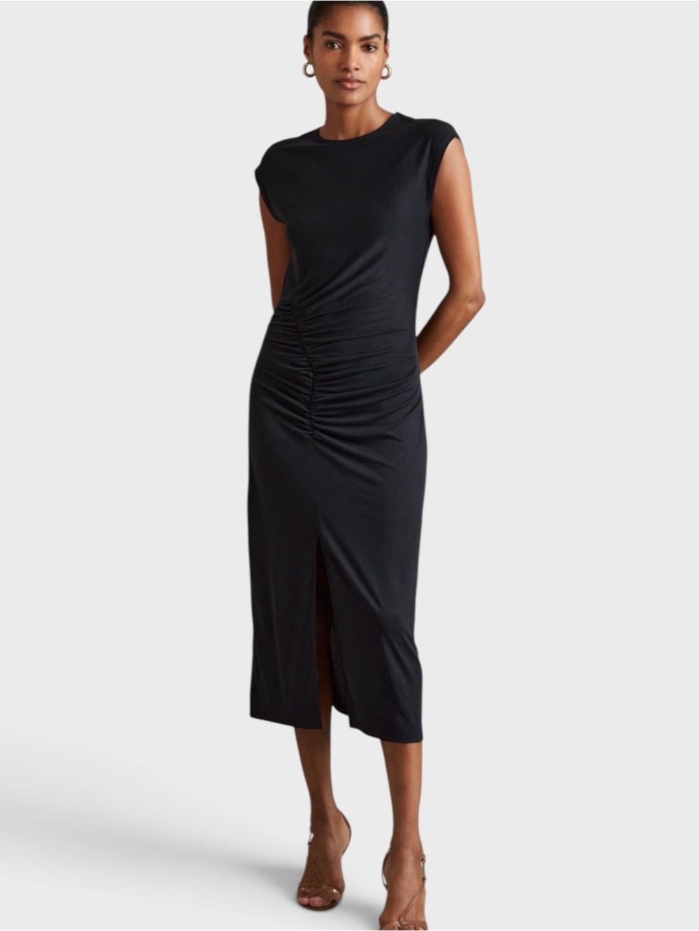 Reiss Lenara Ruche Front Capped Sleeve Jersey Midi Dress Charcoal Black Size XL